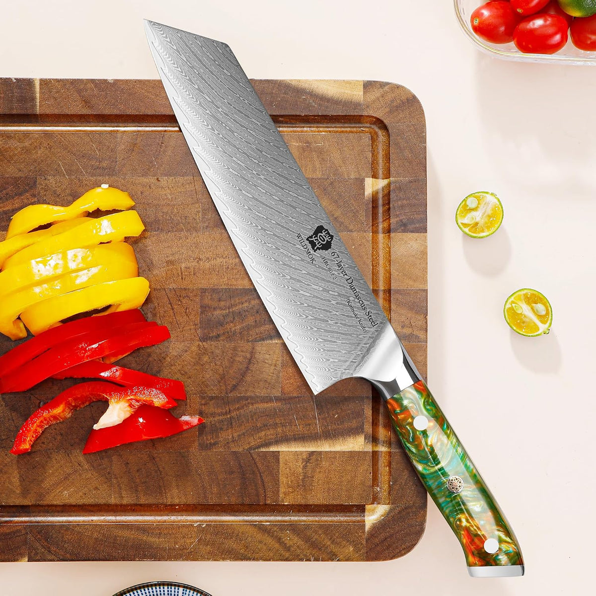 Kiritsuke Knife, 8.5 inch Japanese Damascus Steel Kitchen Knife, Resin Handle Chef's Knife, Premium Damascus Steel Kitchen Cooking Knife with Gift Box