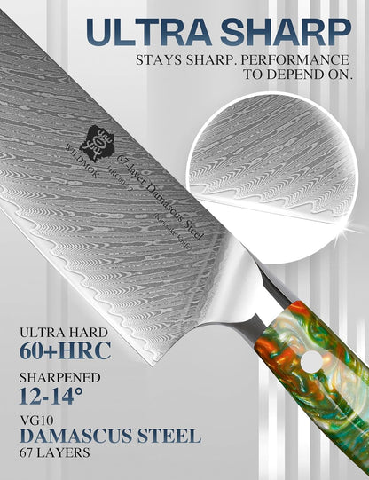 Kiritsuke Knife, 8.5 inch Japanese Damascus Steel Kitchen Knife, Resin Handle Chef's Knife, Premium Damascus Steel Kitchen Cooking Knife with Gift Box
