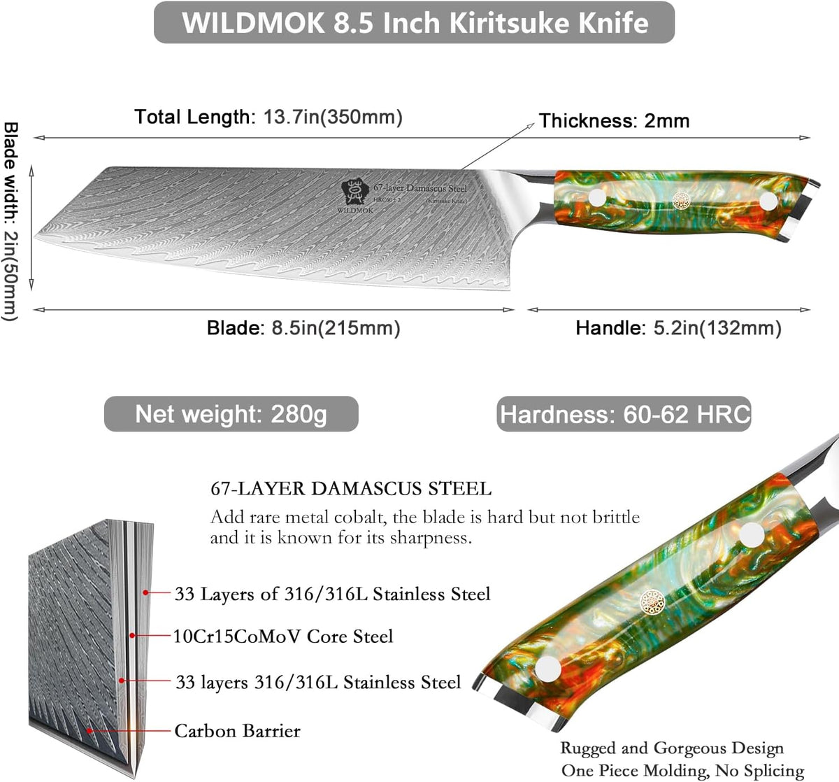 Kiritsuke Knife, 8.5 inch Japanese Damascus Steel Kitchen Knife, Resin Handle Chef's Knife, Premium Damascus Steel Kitchen Cooking Knife with Gift Box