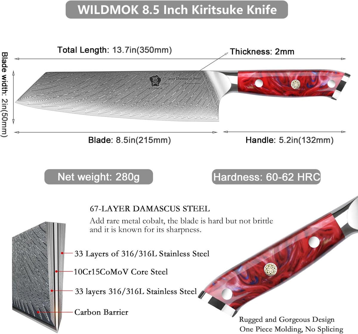 Kiritsuke Knife, 8.5 inch Japanese Damascus Steel Kitchen Knife, Resin Handle Chef's Knife, Premium Damascus Steel Kitchen Cooking Knife with Gift Box