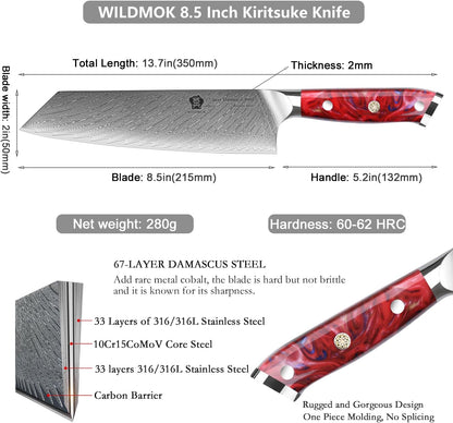 Kiritsuke Knife, 8.5 inch Japanese Damascus Steel Kitchen Knife, Resin Handle Chef's Knife, Premium Damascus Steel Kitchen Cooking Knife with Gift Box