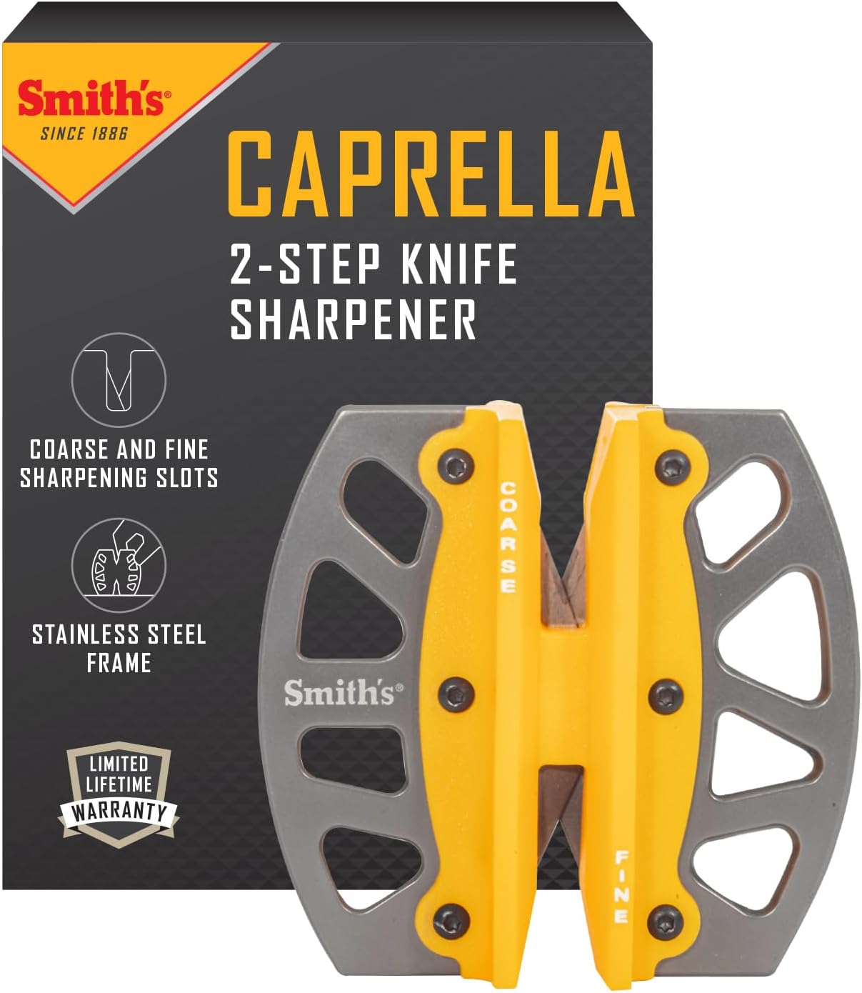 Smith’s 50917 Adjustable 2-Step Knife Sharpener – Yellow - Preset Coarse & Fine Slots - Outdoor Handheld Knife Sharpener - Fishing, Hunting, Fillet, Pocket Knives - Portable Compact Keychain Tool