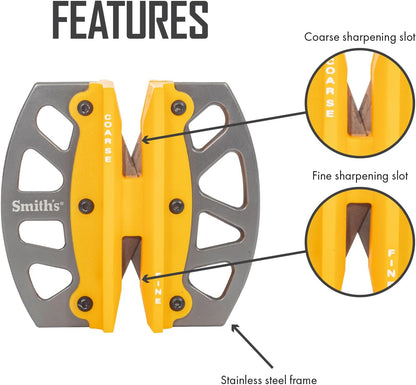 Smith’s 50917 Adjustable 2-Step Knife Sharpener – Yellow - Preset Coarse & Fine Slots - Outdoor Handheld Knife Sharpener - Fishing, Hunting, Fillet, Pocket Knives - Portable Compact Keychain Tool