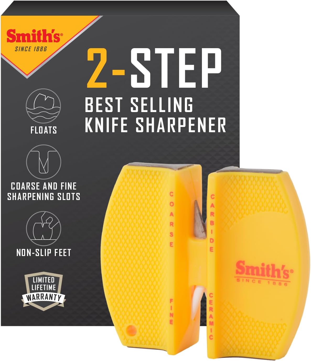Smith’s 50917 Adjustable 2-Step Knife Sharpener – Yellow - Preset Coarse & Fine Slots - Outdoor Handheld Knife Sharpener - Fishing, Hunting, Fillet, Pocket Knives - Portable Compact Keychain Tool