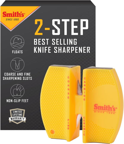 Smith’s 50917 Adjustable 2-Step Knife Sharpener – Yellow - Preset Coarse & Fine Slots - Outdoor Handheld Knife Sharpener - Fishing, Hunting, Fillet, Pocket Knives - Portable Compact Keychain Tool