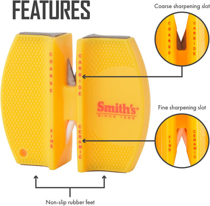 Smith’s 50917 Adjustable 2-Step Knife Sharpener – Yellow - Preset Coarse & Fine Slots - Outdoor Handheld Knife Sharpener - Fishing, Hunting, Fillet, Pocket Knives - Portable Compact Keychain Tool