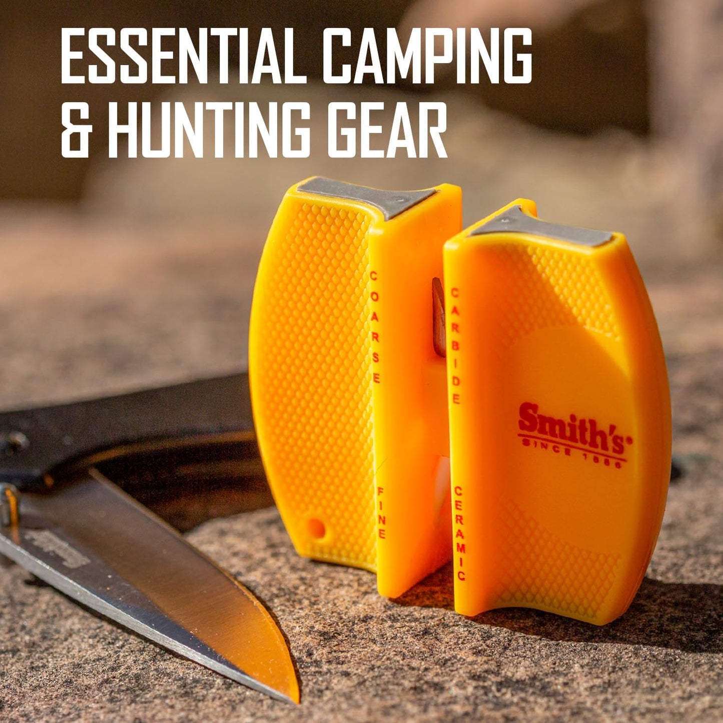 Smith’s 50917 Adjustable 2-Step Knife Sharpener – Yellow - Preset Coarse & Fine Slots - Outdoor Handheld Knife Sharpener - Fishing, Hunting, Fillet, Pocket Knives - Portable Compact Keychain Tool