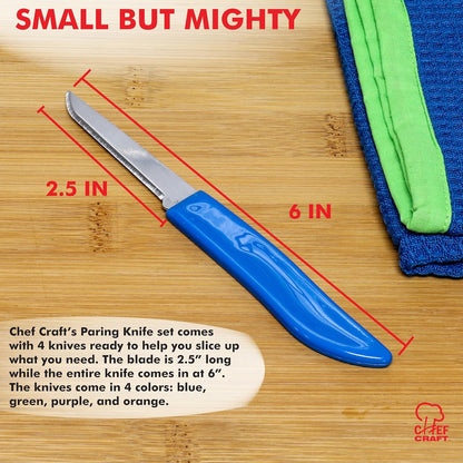 Select Paring Knife Set, 2.5 inch blade 6 inch in length 4 piece set, Assorted