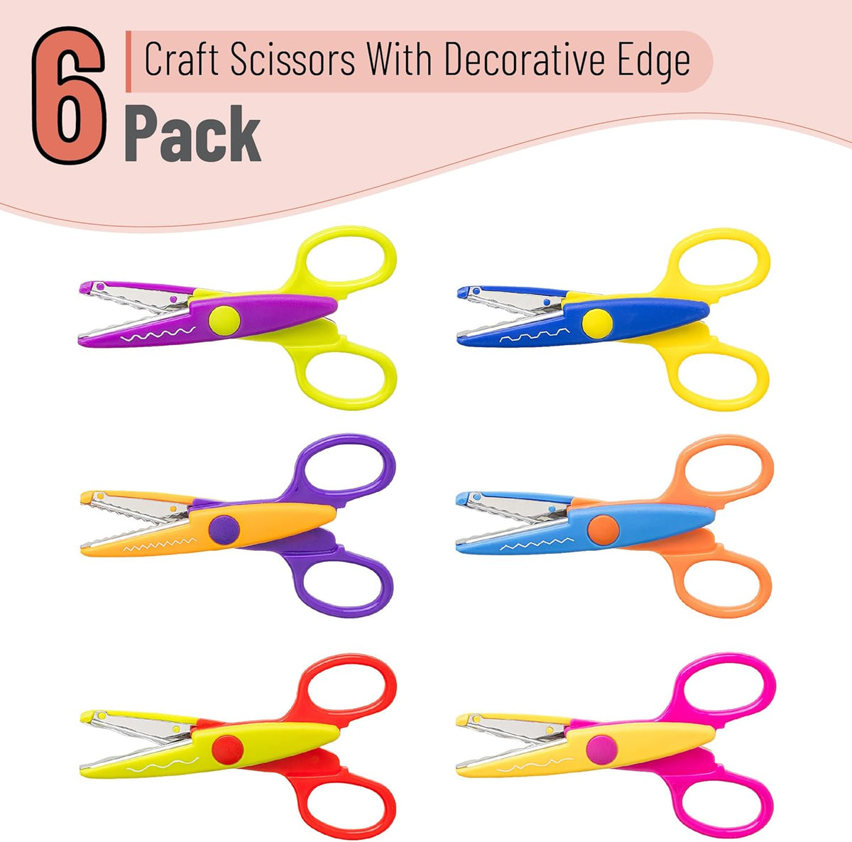 Craft Scissors Decorative Edge, 6 Pack, Bright Zig Zag Scissors | for Crafting, Scrapbooking, Fancy Pattern Design