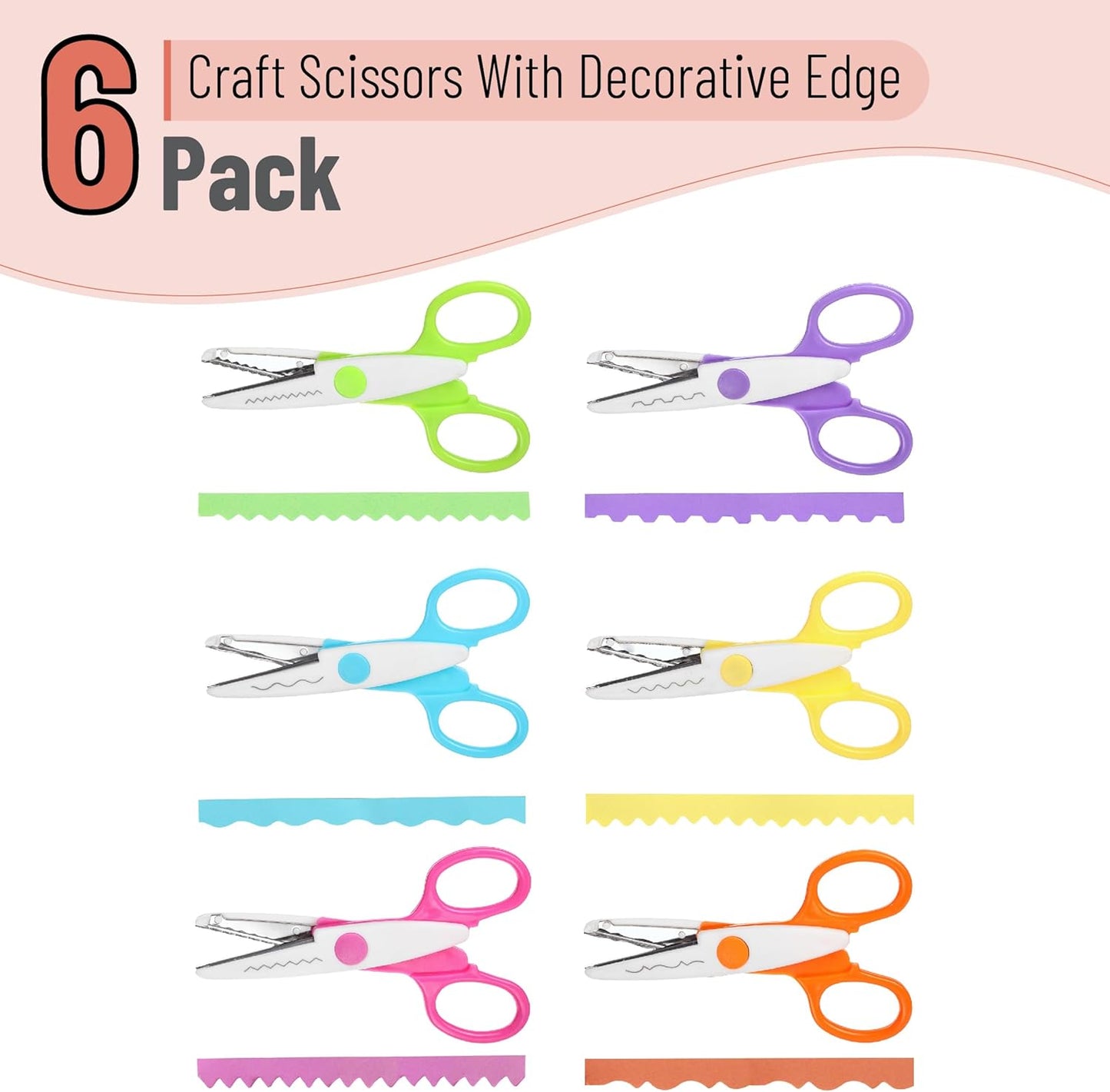 Craft Scissors Decorative Edge, 6 Pack, Bright Zig Zag Scissors | for Crafting, Scrapbooking, Fancy Pattern Design