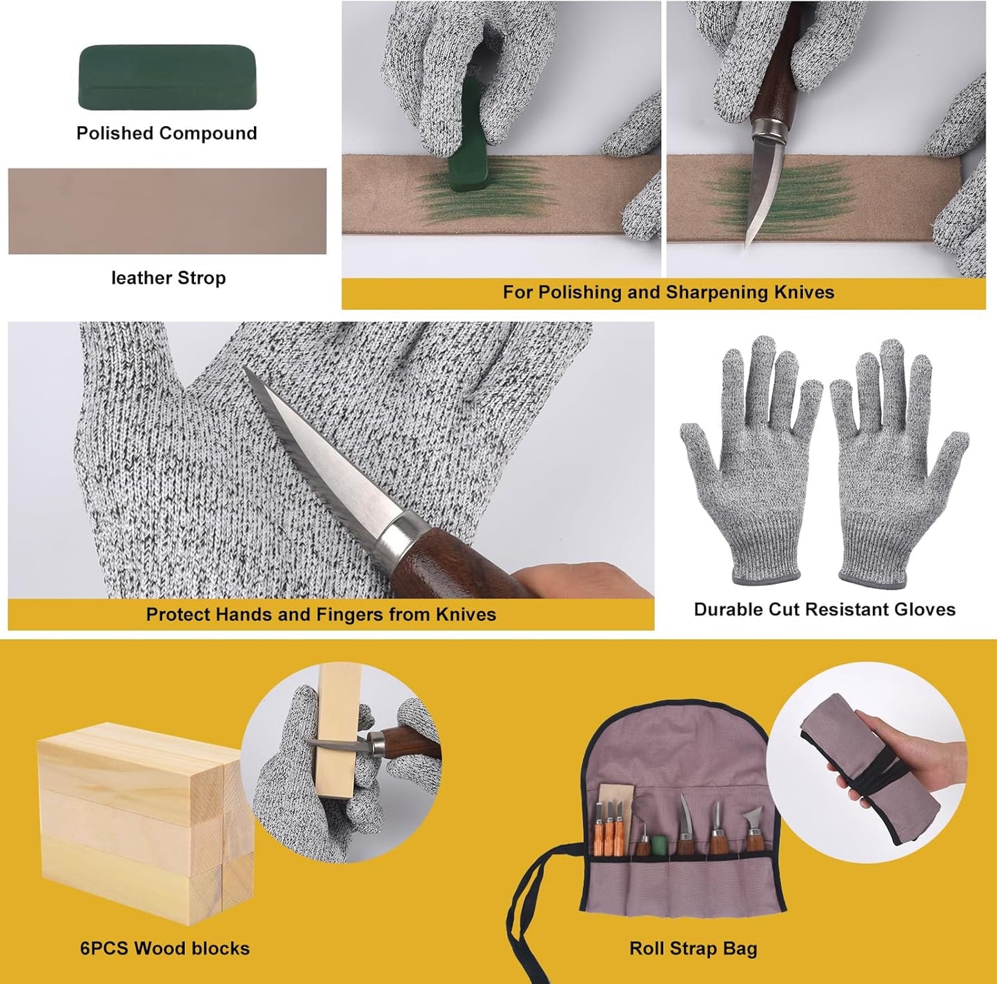 Wood Carving Kit, Wood Carving Tools Set with Wood Carving Knives Detail Knives Blocks Gloves Whittling Kit for Beginners Adults Kids Woodworking Tools for Spoon, Bowl, Kuksa Cup (26PCS)