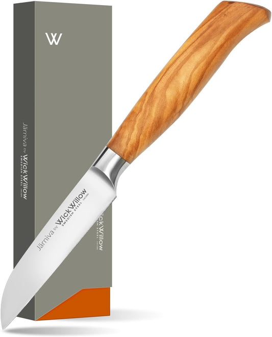 3.5” Paring Knife – Swedish Steel, Olive Wood Handle | Small kitchen knife for peeling, trimming and precision work. Hand wash only. Gift box included.