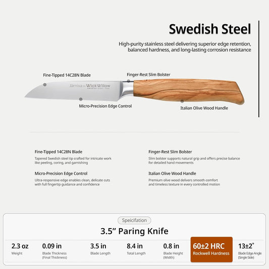 3.5” Paring Knife – Swedish Steel, Olive Wood Handle | Small kitchen knife for peeling, trimming and precision work. Hand wash only. Gift box included.