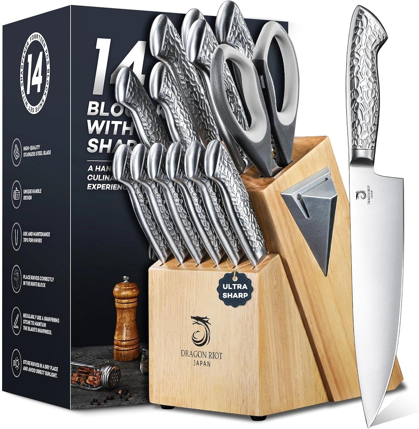 14 PCS Knife Set with Wood Block - Stainless Steel Kitchen Knife Block Set with Built in Sharpener, Dishwasher Safe, Rust Resistant, Non-Slip Ergonomic Handle - Gift for Men Women and Housewarming