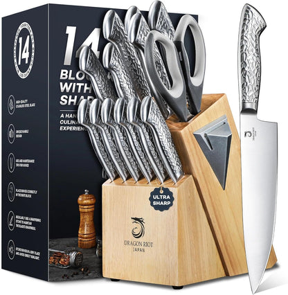 14 PCS Knife Set with Wood Block - Stainless Steel Kitchen Knife Block Set with Built in Sharpener, Dishwasher Safe, Rust Resistant, Non-Slip Ergonomic Handle - Gift for Men Women and Housewarming