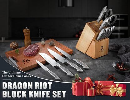 14 PCS Knife Set with Wood Block - Stainless Steel Kitchen Knife Block Set with Built in Sharpener, Dishwasher Safe, Rust Resistant, Non-Slip Ergonomic Handle - Gift for Men Women and Housewarming