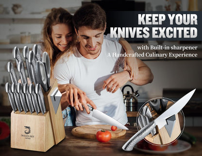 14 PCS Knife Set with Wood Block - Stainless Steel Kitchen Knife Block Set with Built in Sharpener, Dishwasher Safe, Rust Resistant, Non-Slip Ergonomic Handle - Gift for Men Women and Housewarming