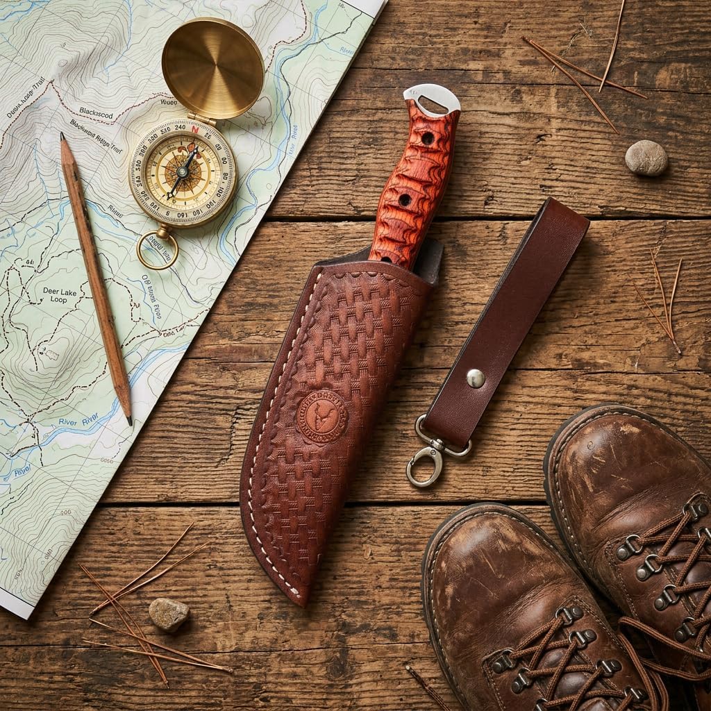 Leather Fixed Blade Knife Sheath for Belt & Neck Carry – Handmade Cowhide Basket Weave Flannel Lined – Detachable Belt Loop – Fits Buck 119 Ka-Bar Morakniv Gerber Hunting Camping Knives – Brown