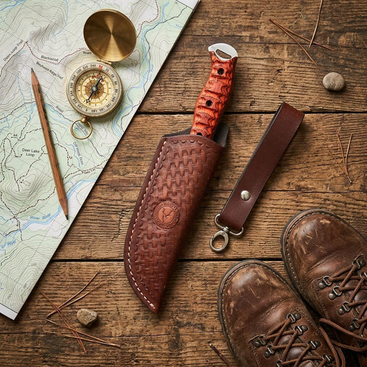 Leather Fixed Blade Knife Sheath for Belt & Neck Carry – Handmade Cowhide Basket Weave Flannel Lined – Detachable Belt Loop – Fits Buck 119 Ka-Bar Morakniv Gerber Hunting Camping Knives – Brown