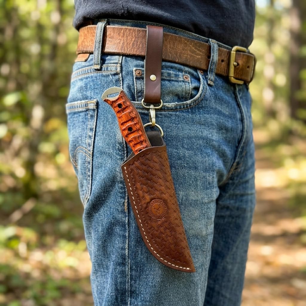Leather Fixed Blade Knife Sheath for Belt & Neck Carry – Handmade Cowhide Basket Weave Flannel Lined – Detachable Belt Loop – Fits Buck 119 Ka-Bar Morakniv Gerber Hunting Camping Knives – Brown