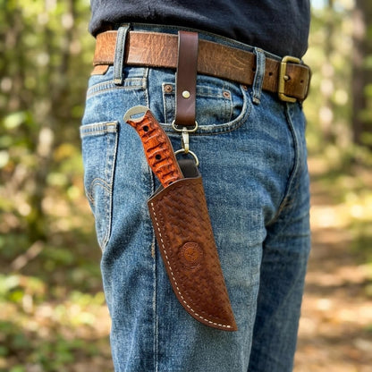 Leather Fixed Blade Knife Sheath for Belt & Neck Carry – Handmade Cowhide Basket Weave Flannel Lined – Detachable Belt Loop – Fits Buck 119 Ka-Bar Morakniv Gerber Hunting Camping Knives – Brown