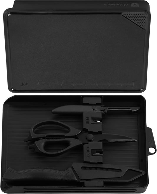 5 in 1 Camping Cutting Board Set with Santoku Knife,Separable Shears,Peeler & Slicing Knife and Sharpening Slots,Portable Camper Accessories Kitchen Set, Black