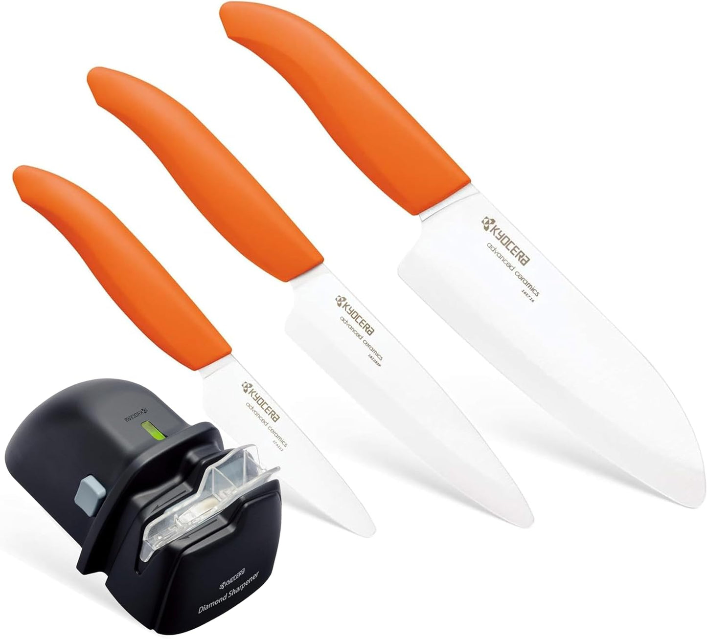Advanced Diamond Hone Knife Sharpener for Ceramic and Steel Knives & FK-3PC-WHOR 3Piece Advanced ceramic Revolution Series Knife Set, Blade Sizes: 5.5", 4.5", 3", Orange Bundle