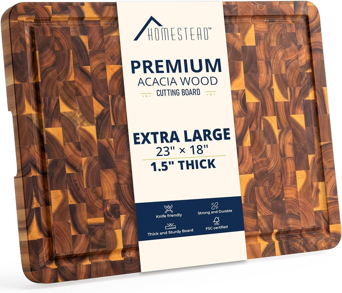 End Grain Acacia Wood Cutting Board 23x18x1.5, Reversible Butcher Block Board for Kitchen with Deep Juice Groove, Handles, Knife-Friendly Surface for Meat Chopping and Charcuterie Serving