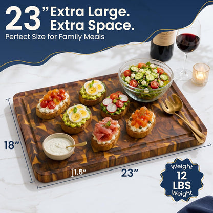 End Grain Acacia Wood Cutting Board 23x18x1.5, Reversible Butcher Block Board for Kitchen with Deep Juice Groove, Handles, Knife-Friendly Surface for Meat Chopping and Charcuterie Serving