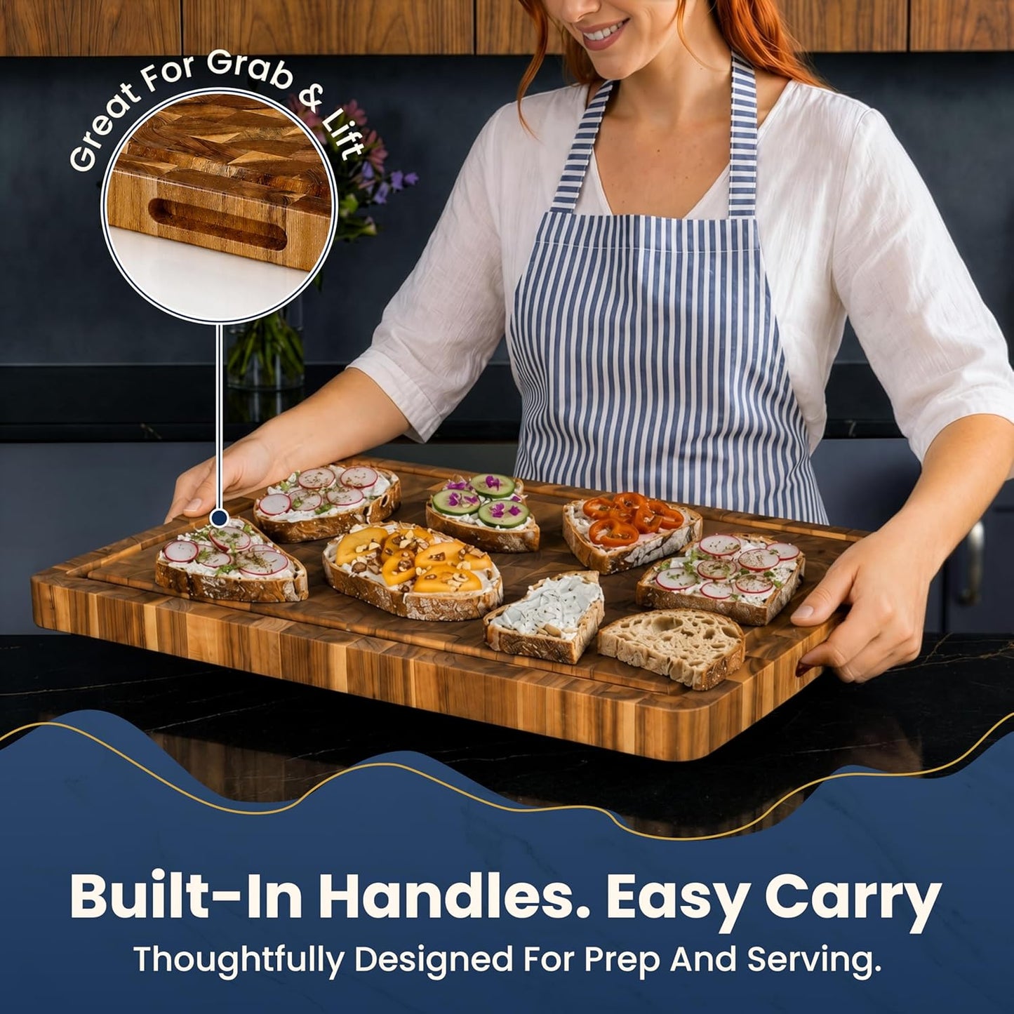 End Grain Acacia Wood Cutting Board 23x18x1.5, Reversible Butcher Block Board for Kitchen with Deep Juice Groove, Handles, Knife-Friendly Surface for Meat Chopping and Charcuterie Serving