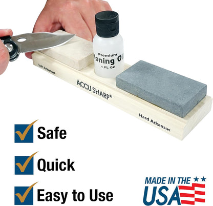 AccuSharp Arkansas 2 Whetstone Knife Sharpening Stones Set, 3" Fine & Medium Natural Whetstone w/ 1oz Honing Solution for Traditional, Coarse & Fine Sharpening