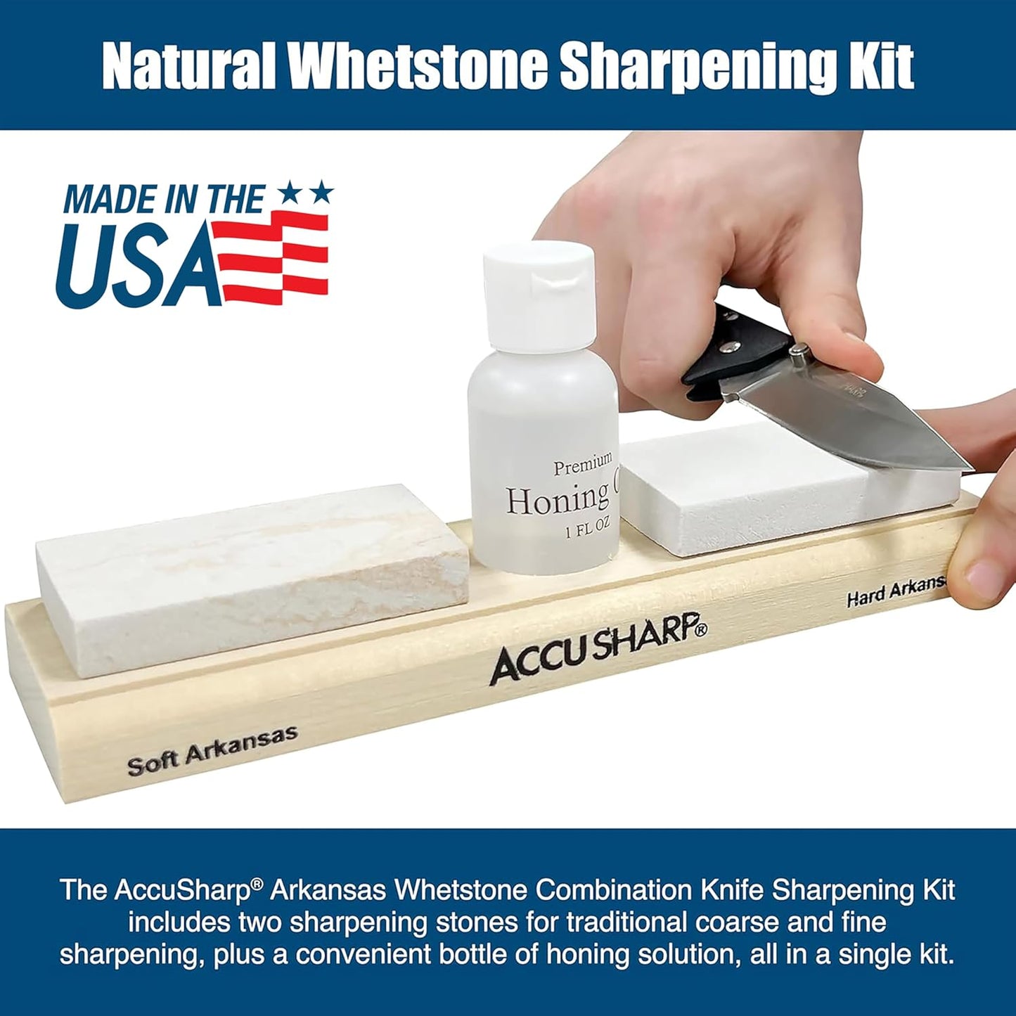 AccuSharp Arkansas 2 Whetstone Knife Sharpening Stones Set, 3" Fine & Medium Natural Whetstone w/ 1oz Honing Solution for Traditional, Coarse & Fine Sharpening