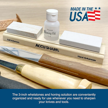 AccuSharp Arkansas 2 Whetstone Knife Sharpening Stones Set, 3" Fine & Medium Natural Whetstone w/ 1oz Honing Solution for Traditional, Coarse & Fine Sharpening