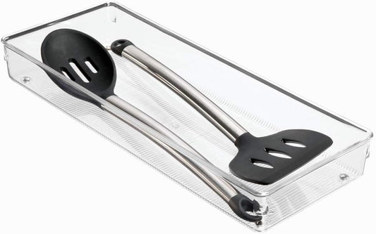 Linus Plastic Kitchen Drawer Organizer for Silverware, Spatulas, Cutlery, Gadgets, Office Supplies, Cosmetics, 6" x 15" x 2" - Clear