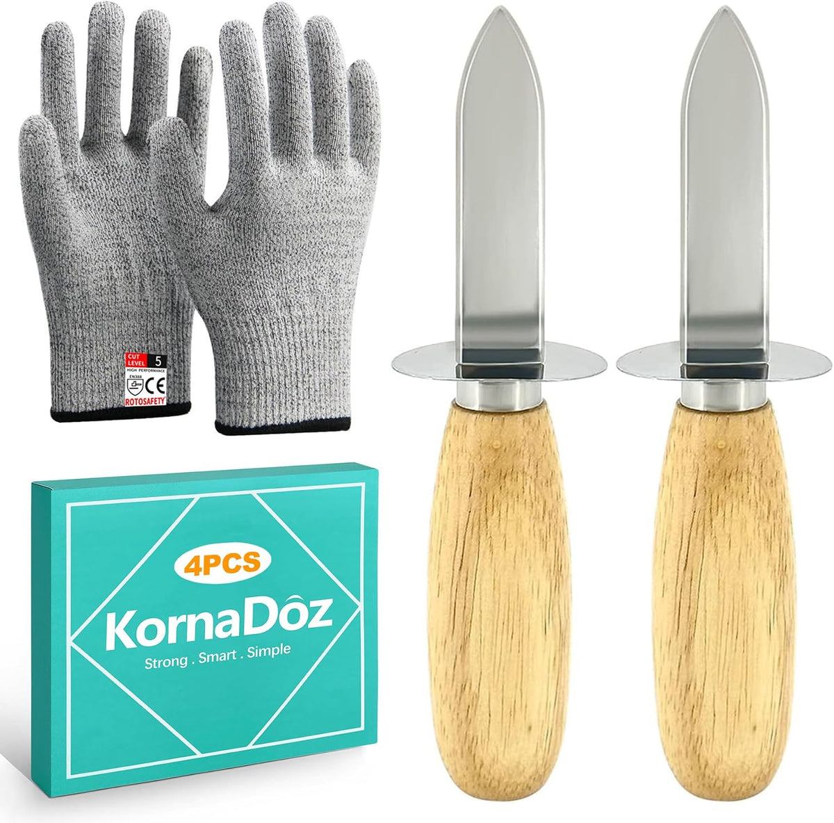4 Pieces 2 Stainless Steel Oyster Shucking Knives, 2 Pairs Reinforced Oyster Gloves, and 1 Cloth, Oyster Shucking Tool Kit for Oysters and Clams (Reinforced Version