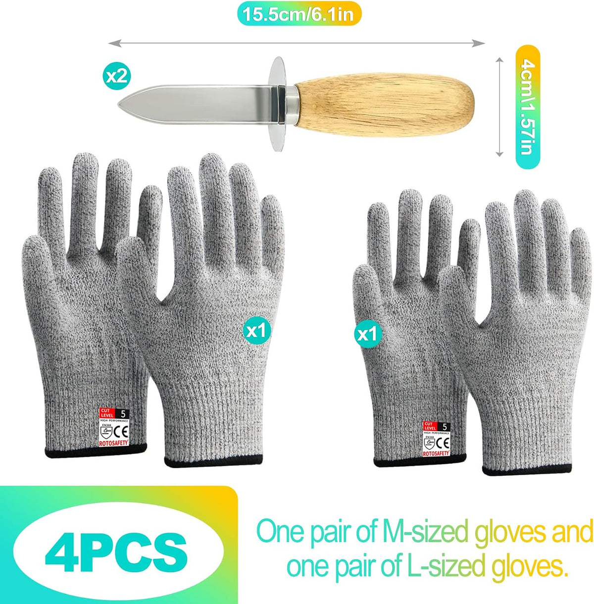 4 Pieces 2 Stainless Steel Oyster Shucking Knives, 2 Pairs Reinforced Oyster Gloves, and 1 Cloth, Oyster Shucking Tool Kit for Oysters and Clams (Reinforced Version