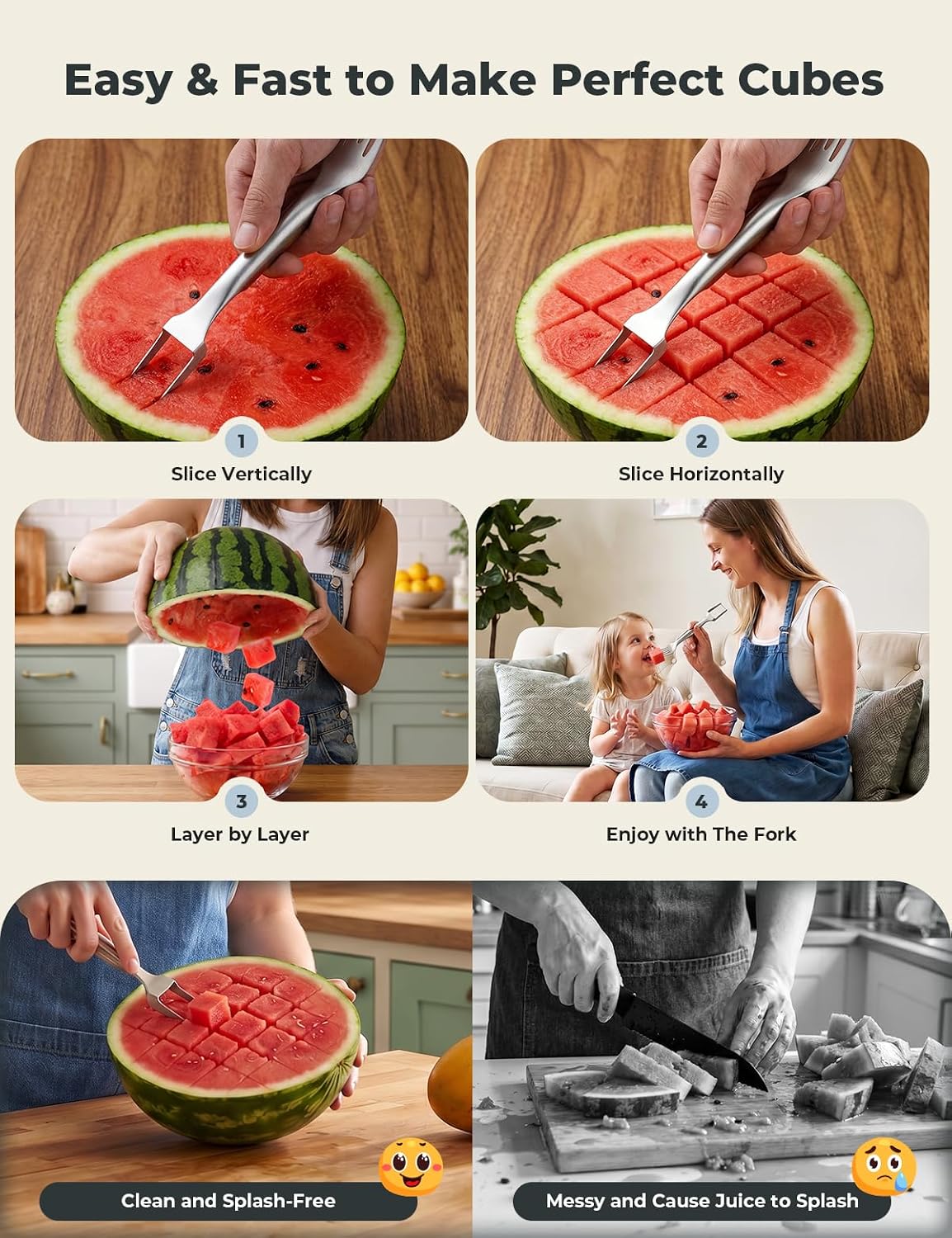CripsTaste Watermelon Cutter Slicer Tool Stainless Steel Watermelon Fork | 2-in-1 Watermelon Fork Slicer Retractable Fork & Dual Blades for Easier Cutting, Fruit Cutter Slicer for Kitchen Gadget Party