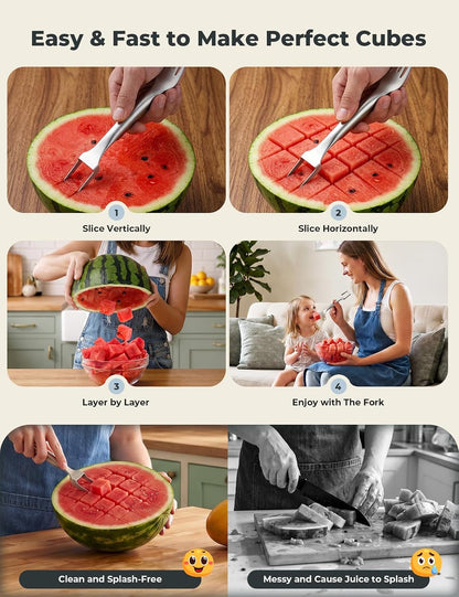 CripsTaste Watermelon Cutter Slicer Tool Stainless Steel Watermelon Fork | 2-in-1 Watermelon Fork Slicer Retractable Fork & Dual Blades for Easier Cutting, Fruit Cutter Slicer for Kitchen Gadget Party