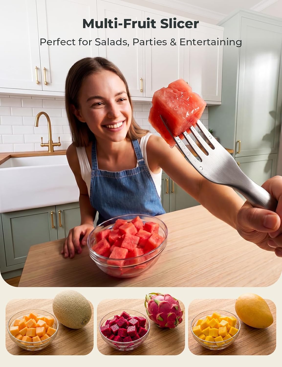CripsTaste Watermelon Cutter Slicer Tool Stainless Steel Watermelon Fork | 2-in-1 Watermelon Fork Slicer Retractable Fork & Dual Blades for Easier Cutting, Fruit Cutter Slicer for Kitchen Gadget Party