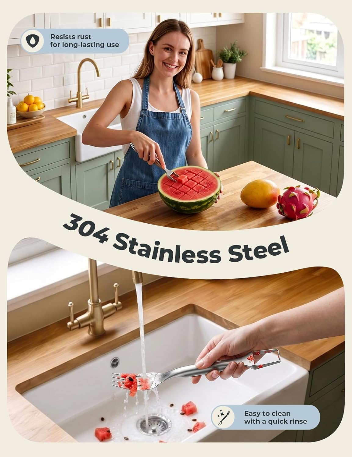 CripsTaste Watermelon Cutter Slicer Tool Stainless Steel Watermelon Fork | 2-in-1 Watermelon Fork Slicer Retractable Fork & Dual Blades for Easier Cutting, Fruit Cutter Slicer for Kitchen Gadget Party