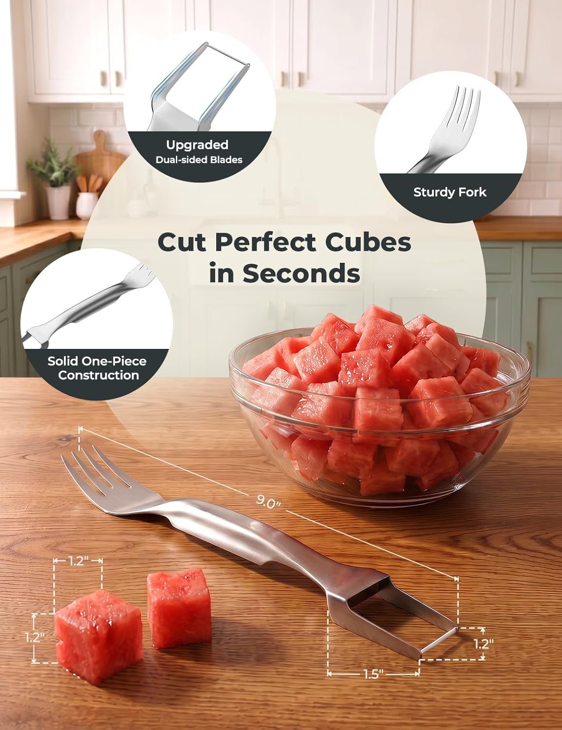 CripsTaste Watermelon Cutter Slicer Tool Stainless Steel Watermelon Fork | 2-in-1 Watermelon Fork Slicer Retractable Fork & Dual Blades for Easier Cutting, Fruit Cutter Slicer for Kitchen Gadget Party