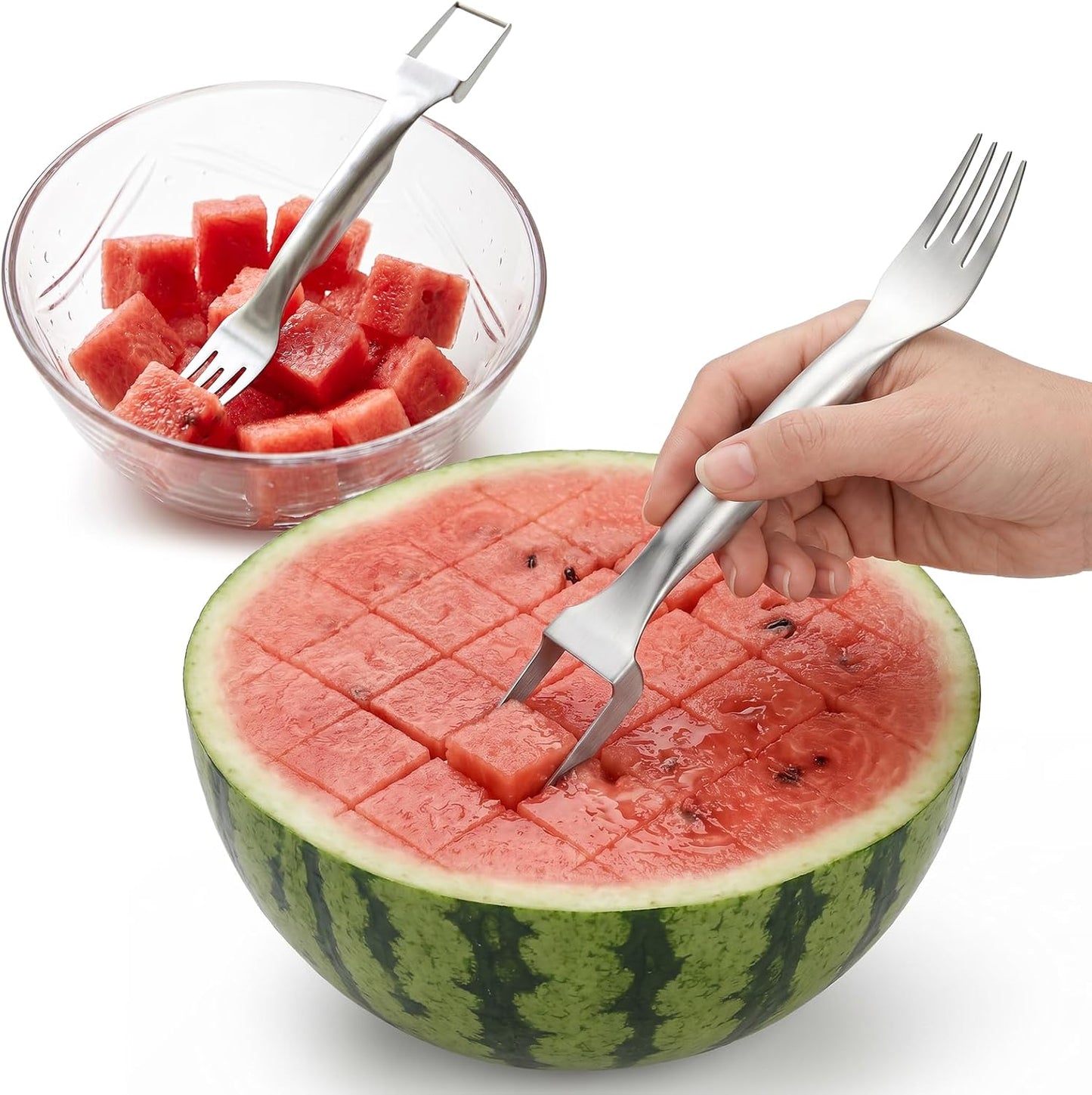 CripsTaste Watermelon Cutter Slicer Tool Stainless Steel Watermelon Fork | 2-in-1 Watermelon Fork Slicer Retractable Fork & Dual Blades for Easier Cutting, Fruit Cutter Slicer for Kitchen Gadget Party