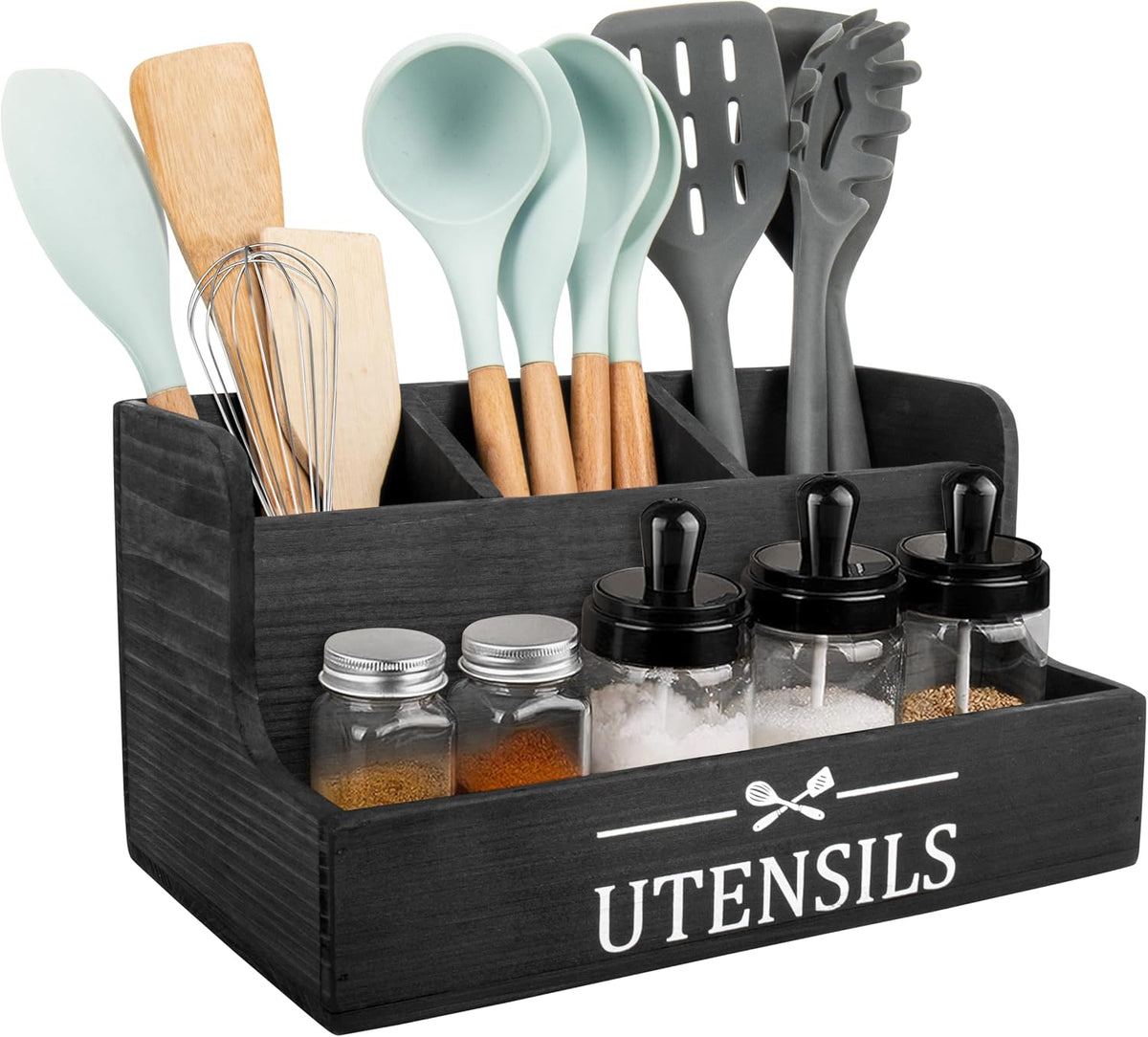 Extra Large Kitchen Utensils Holder 4 Compartments,Wood Utensil Organizer for Kitchen Countertop,Farmhouse Cooking Utensil Holder with Spice Storage space (Black)