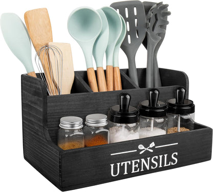 Extra Large Kitchen Utensils Holder 4 Compartments,Wood Utensil Organizer for Kitchen Countertop,Farmhouse Cooking Utensil Holder with Spice Storage space (Black)