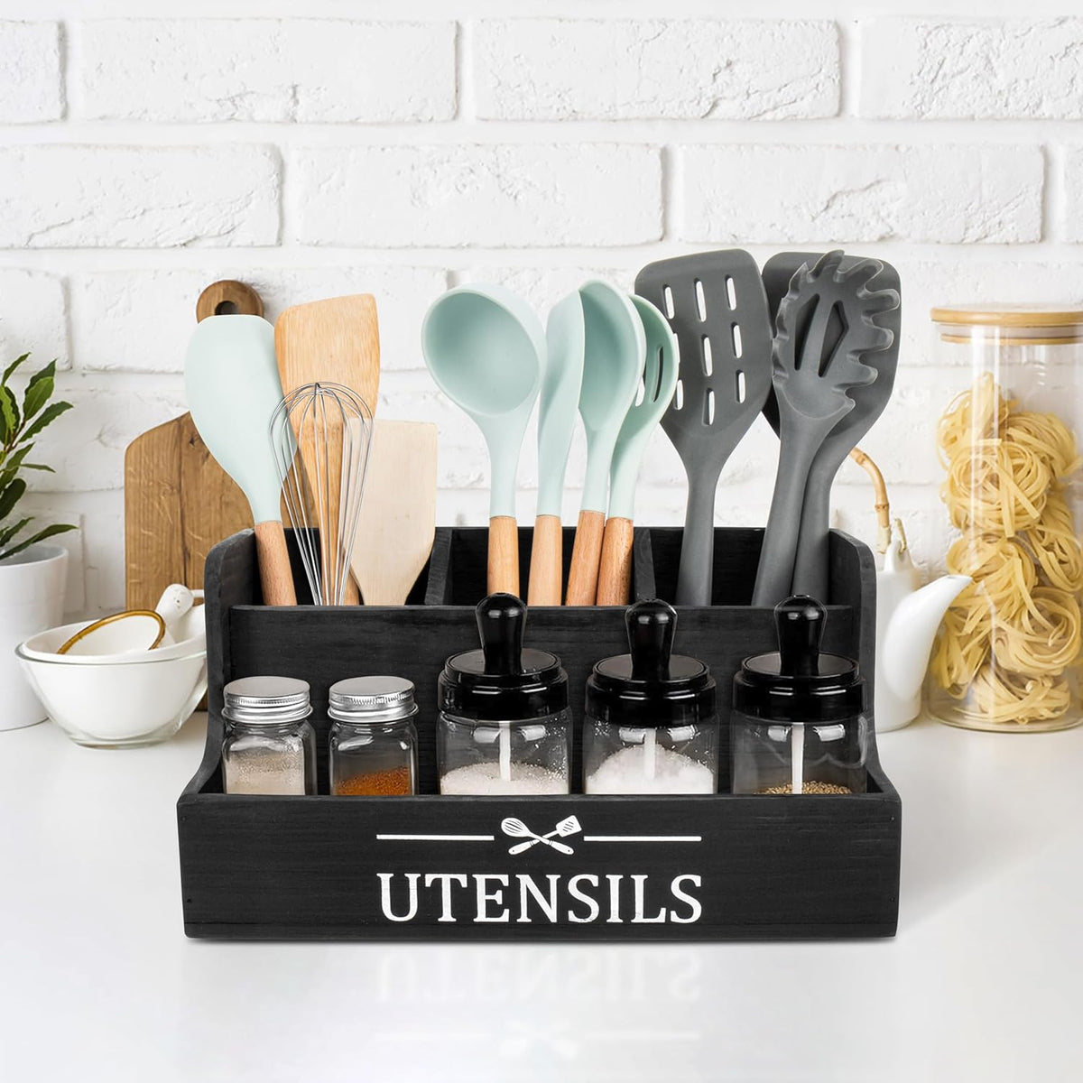Extra Large Kitchen Utensils Holder 4 Compartments,Wood Utensil Organizer for Kitchen Countertop,Farmhouse Cooking Utensil Holder with Spice Storage space (Black)