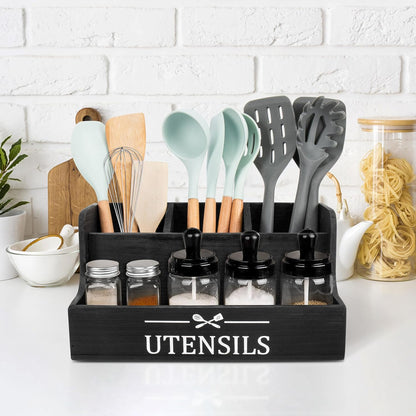 Extra Large Kitchen Utensils Holder 4 Compartments,Wood Utensil Organizer for Kitchen Countertop,Farmhouse Cooking Utensil Holder with Spice Storage space (Black)