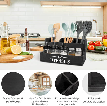 Extra Large Kitchen Utensils Holder 4 Compartments,Wood Utensil Organizer for Kitchen Countertop,Farmhouse Cooking Utensil Holder with Spice Storage space (Black)