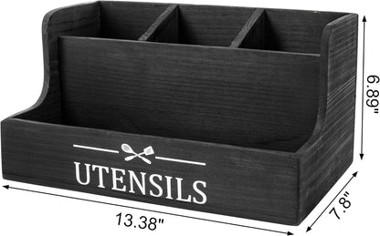 Extra Large Kitchen Utensils Holder 4 Compartments,Wood Utensil Organizer for Kitchen Countertop,Farmhouse Cooking Utensil Holder with Spice Storage space (Black)