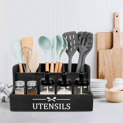 Extra Large Kitchen Utensils Holder 4 Compartments,Wood Utensil Organizer for Kitchen Countertop,Farmhouse Cooking Utensil Holder with Spice Storage space (Black)