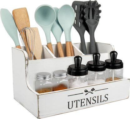 Extra Large Kitchen Utensils Holder 4 Compartments,Wood Utensil Organizer for Kitchen Countertop,Farmhouse Cooking Utensil Holder with Spice Storage space (Black)
